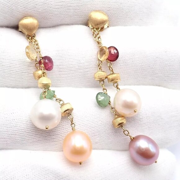 Authentic! Marco Bicego 18k Yellow Gold Paradise Multicolor Gems Pearl Earrings - Picture 6 of 10